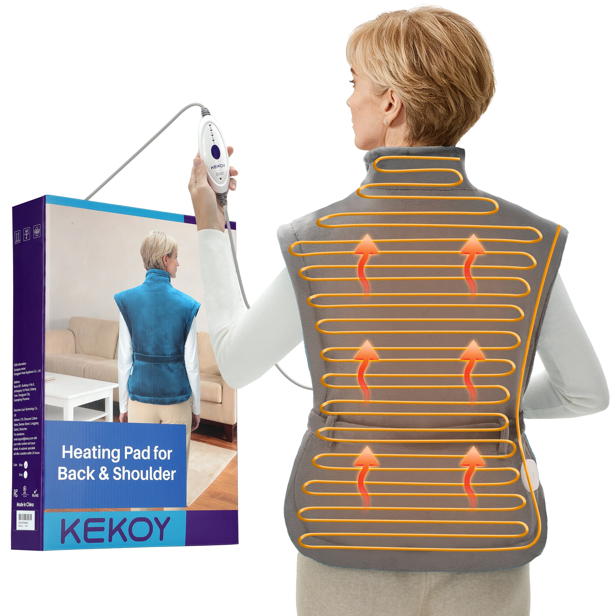 KEKOY Heating Pad for Back, Neck & Shoulders Pain Relief, Wearable Electric Heat Pad with Detachable Belt, 4 Heat Settings, 2-Hour Auto Shut-Off, Fast Heating, 24"x33", Gray
