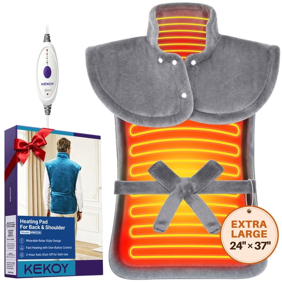 KEKOY Ultra Soft Heating Pad for Back and Shoulder Relief, Extra Large Electric Heat Pad with 4 Heat Settings, 24"x37", 2-Hour Auto Shut-Off & Machine Washable, Gray