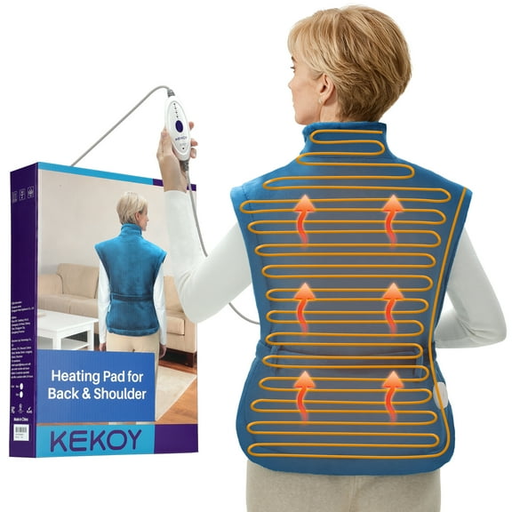 KEKOY Heating Pad for Back, Neck & Shoulders Pain Relief, Wearable Electric Heat Pad with Detachable Belt, 4 Heat Settings, 2-Hour Auto Shut-Off, Fast Heating, 24"x33", Blue