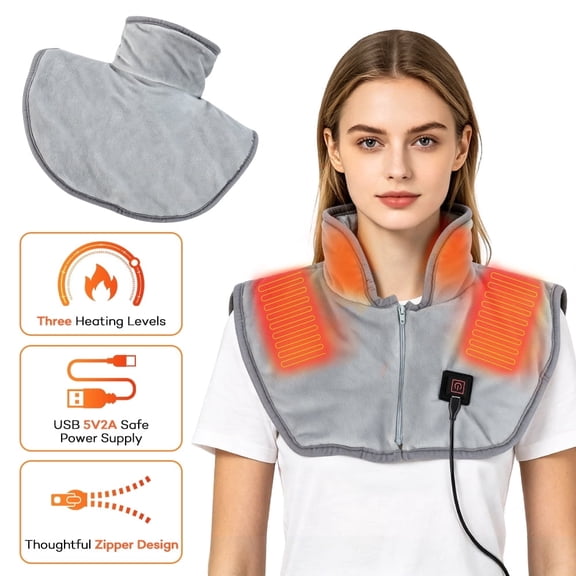 Heating Pad for Neck Shoulder, Heated Shawl 3-Zone Heating Wrap, USB Adjustable Temperature Wearable Heated Wrap, Heated Shoulder Wrap Portable Heating Pad Gift for Office Home Travel, Grey