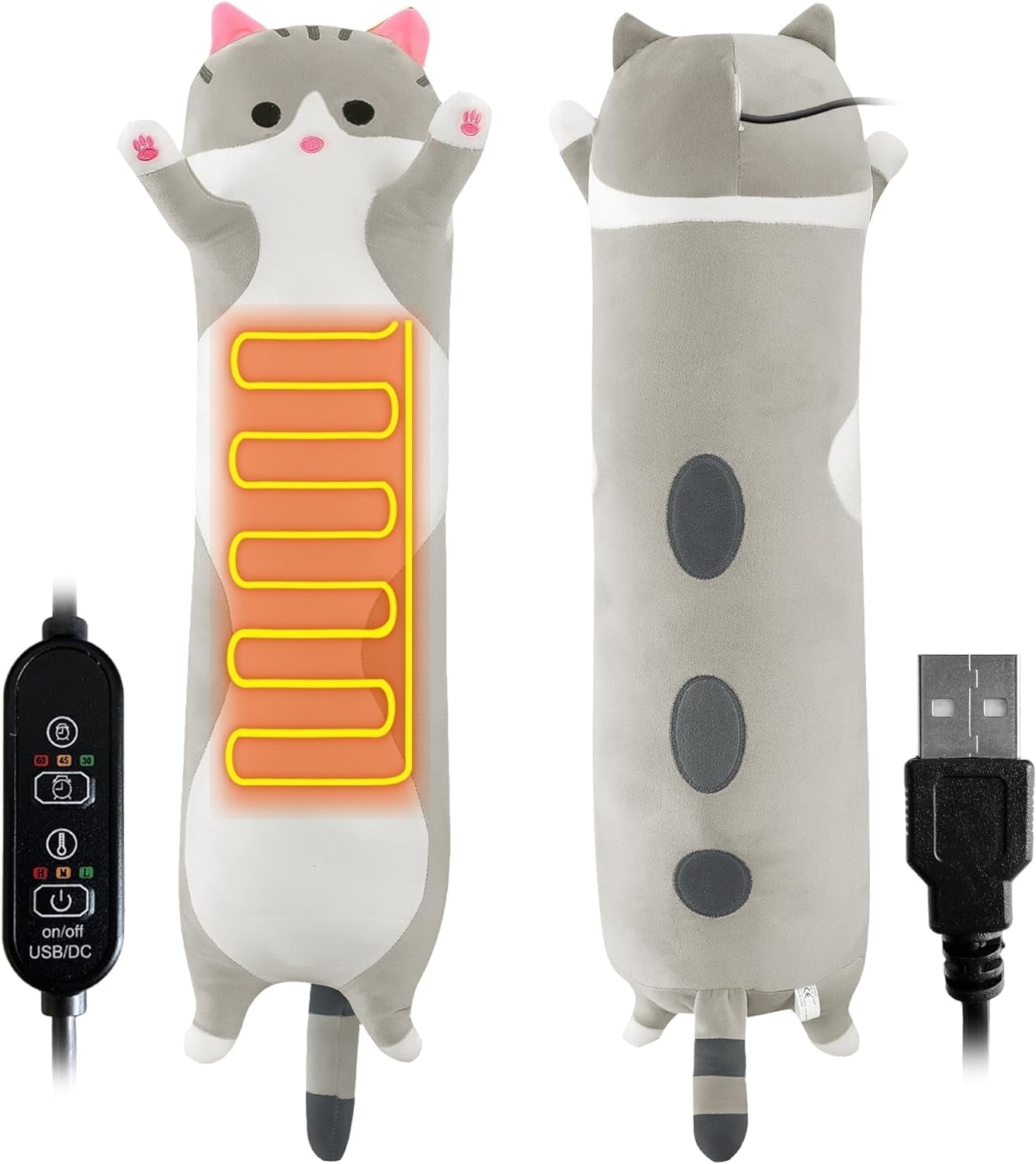 Heating Pad for Neck Shoulder Pain Relief, Portable Cuddly 19.7" Plush Cat with a Hot Soft Belly USB Powered, Gift for Daughter Girlfriend Wife (Grey)