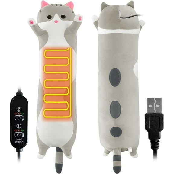 Heating Pad for Neck Shoulder Pain Relief, Portable Cuddly 19.7" Plush Cat with a Hot Soft Belly USB Powered, Gift for Daughter Girlfriend Wife (Grey)