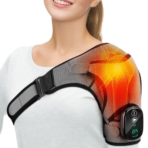 Heating Vibration Massage Shoulder Pad With Digital Display Controller 3-speed Heated Shoulder Wrap Portable Shoulder Massage Equipment Relieve Shoulder and Neck USB Charging, Grey