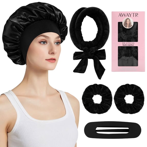 AWAYTR Professional Heatless Curling Rod, 5 Piece Set, with Sleep Cap, Headband, Hair Clip, Black