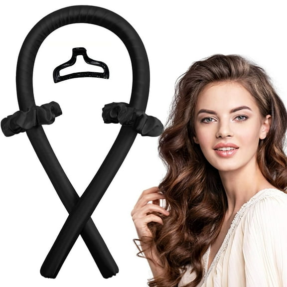 Heatless Curling Rod Headband No Heat Silk Ribbon Curling Rod Hair Roller Curls with Hair Claw Clip Lazy Natural Soft Wave DIY Hair Rollers Styling Tool for Sleep in Overnight (Black)