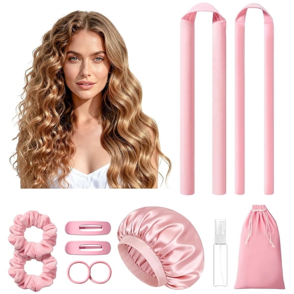 Heatless Hair Curlers, Pink Heatless Curls with 2 Sizes of Soft Rollers, Bonnet, Scrunchies and Clips, for Long and Medium