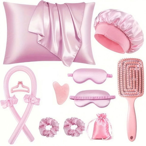 Heatless Curls Overnight Hair Curlers with Satin Pillowcase for Hair and Skin Queen Set, Sleeping Bonnet Eye Mask and Face Massager, 13pcs Hair Styling Tools Set for Sleeping