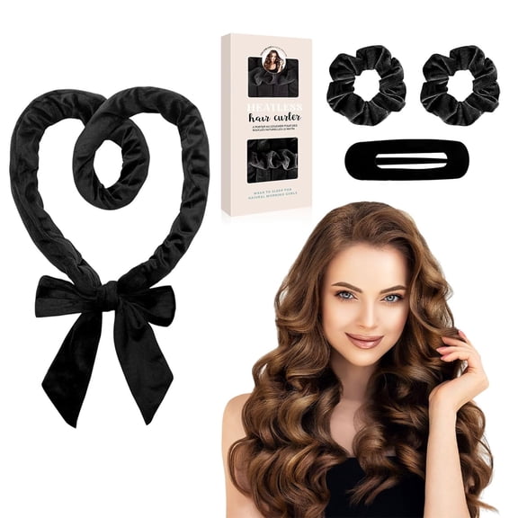 Heatless Curls Overnight Headbands for Women, Hair Rollers with Scrunchies and Clip, Soft Velvet Heatless Hair Curler for Long Hair, No Heat Damage to Hair (Black)