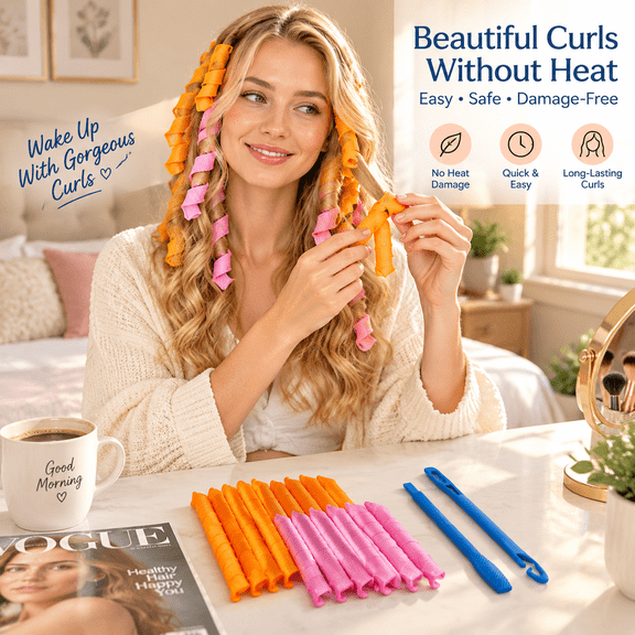 Heatless Curls Set – Overnight Hair Curlers for Sleeping, Soft No-Heat Curling Rods for Long & Short Hair, Natural Waves Without Heat Damage(45cm)
