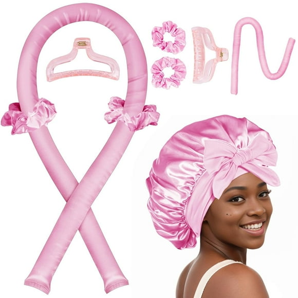 Heatless Hair Curler Set with Silk Bonnet - Overnight No Heat Curling Rod for Blowout Waves, Pink