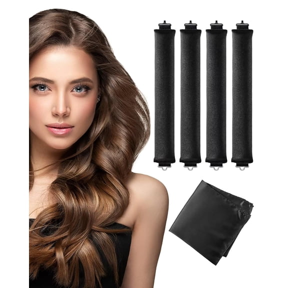 Heatless Hair Curler for Overnight, 4 Pcs Velvet Curling Rods to Sleep In with Satin Scarf, Brown