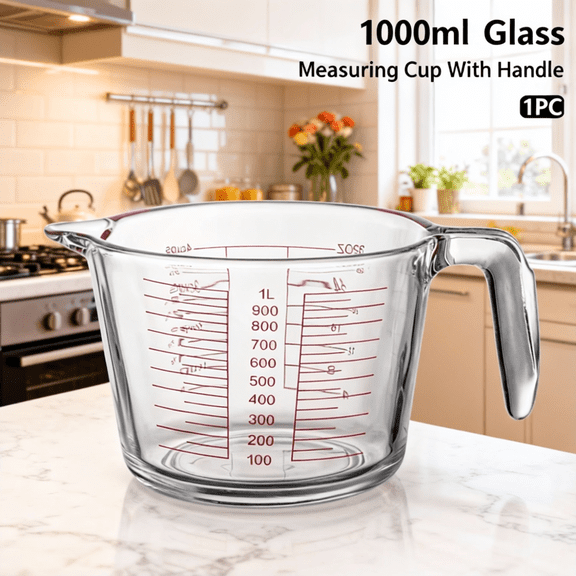 Heatproof Borosilicate Glass Measuring Cup - 1000ml Large Capacity Kitchen Measuring Jug with Handle,Clear Measurement Marks for Baking Cooking Mixing,Microwave Oven Dishwasher Safe