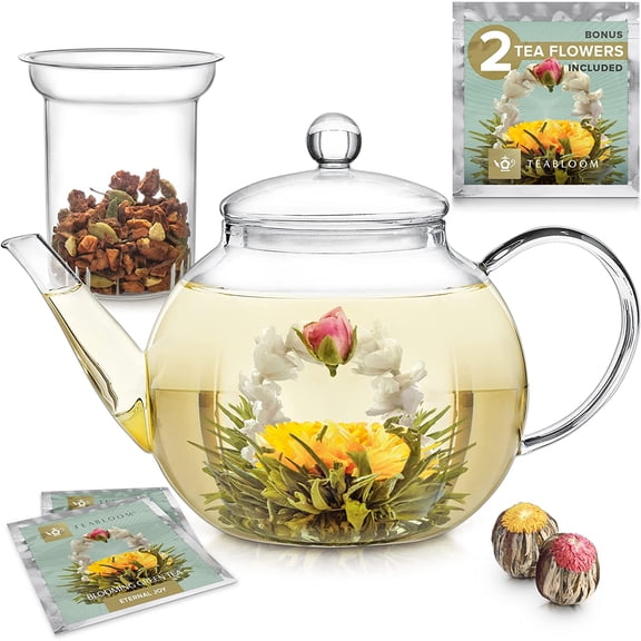 Heatproof Borosilicate Glass Teapot (34 OZ) with Removable Loose Tea Glass Infuser Includes 2 Blooming Teas 2-in-1 Tea Maker Tea Purist's Choice