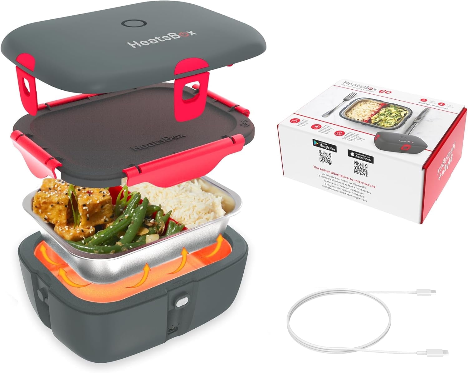 HeatsBox Go Portable Electric Lunch Box Leakproof Battery Powered Self Heating App Control Reusable Inner Dish Ideal for School Work Gym