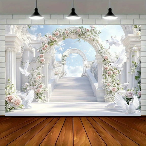 Heaven Archway Backdrop Sky Clouds White Arch Columns Baby Shower Photography Background White Doves Roses Wedding Anniversary Party Decorations Banner Supplies Photo Booth Props