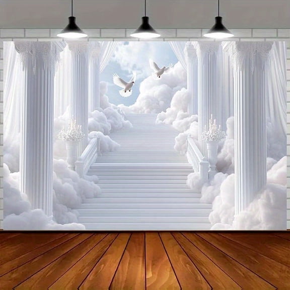 Heaven Backdrop Dreamy Clouds Columns White Doves Wedding Photography Background Stairs to Heaven Baptism Anniversary Party Decorations Banner Supplies Photo Booth Props