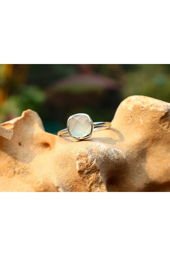 925 Sterling Silver Cut Aqua Chalcedony Ring Square Shape Gemstone Handmade Unique Birthstone Ring For Her