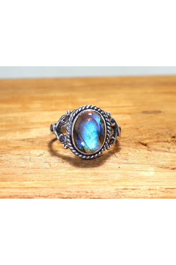 925 Sterling Silver Natural Oval Labradorite Ring Blue Flashy Gemstone Boho Designer Wedding Ring For Her
