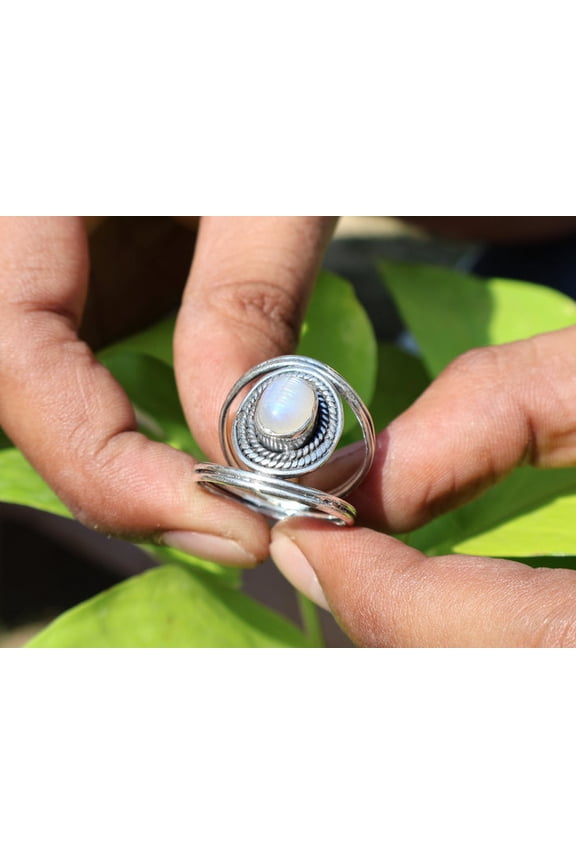925 Sterling Silver Oval Rainbow Moonstone Ring Handmade Boho Dainty Jewelry For Her