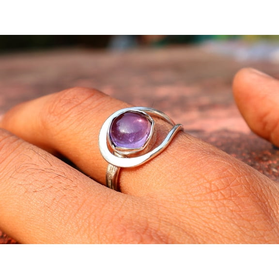 Heaven Crafts 925 Sterling Silver Purple Amethyst Ring Round Stone Ring Boho Dainty Jewelry Gift For Her