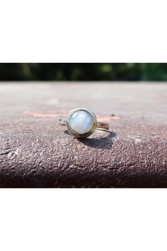 925 Sterling Silver Round Rainbow Moonstone Ring Handmade Stacking Ring For Her Bohemian Jewelry