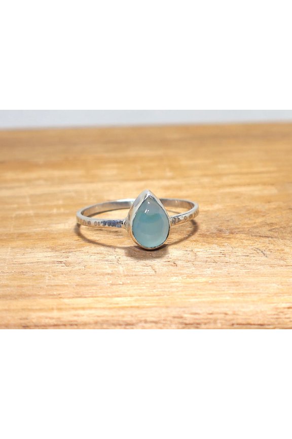 925 Sterling Silver Tiny Chalcedony Ring Pear Shape Stone Bohemian Jewelry Ring For Women