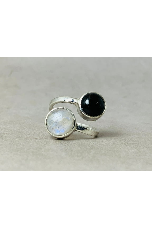 Black Onyx & Moonstone Ring 925 Sterling Silver Handmade Boho Adjustable Ring For Women