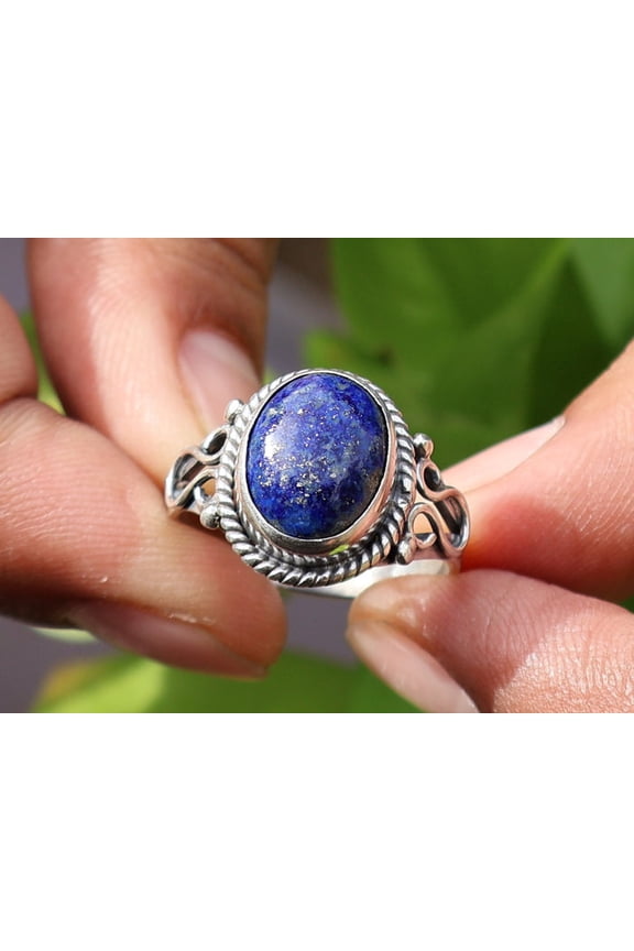 Genuine Lapis Lazuli Ring 925 Sterling Silver Blue Oval Shape Gemstone Boho Dainty Jewelry Gift For Her