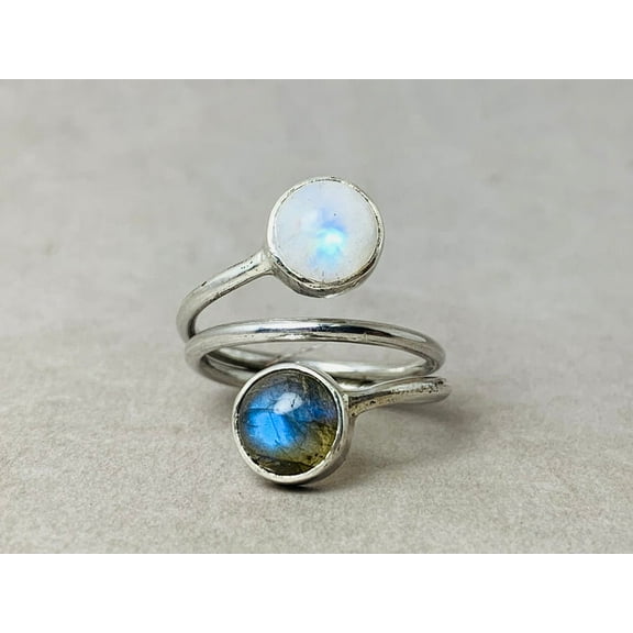 Heaven Crafts Labradorite and Moonstone Ring 925 Sterling Silver Handmade Adjustable Ring Gift For Her