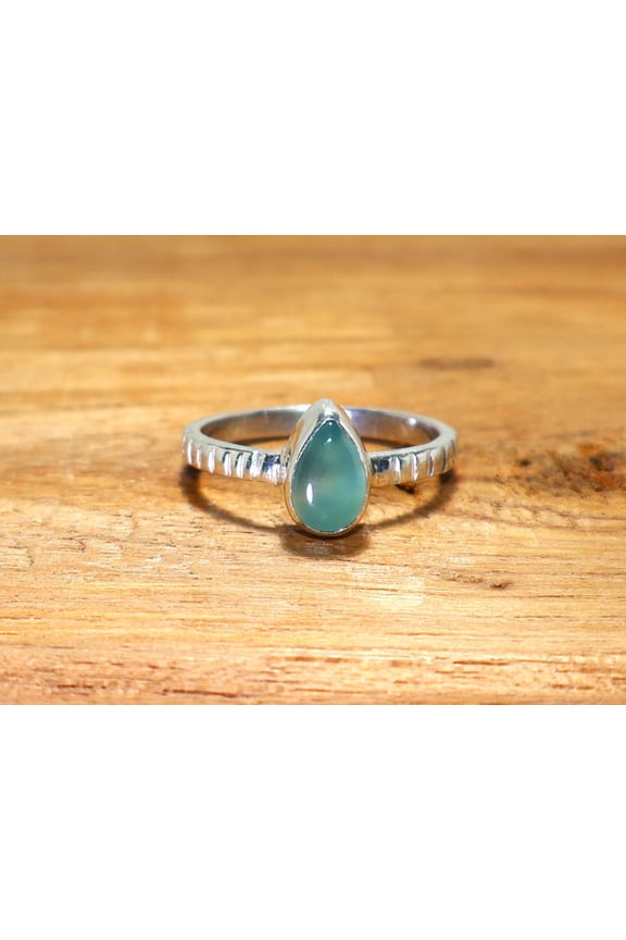 Natural Aqua Chalcedony Silver Ring 925 Sterling Silver Gemstone Ring March Birthstone Pear Shape Blue Stone Ring