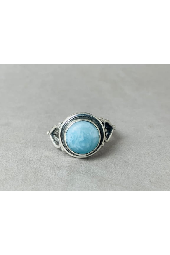 Natural Round Shape Larimar Ring 925 Sterling Silver Birthstone Artisan Dominican Larimar Ring Boho Jewelry