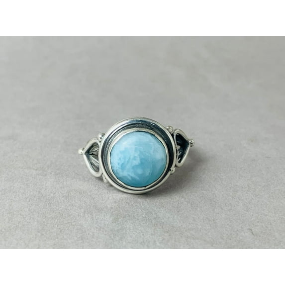 Heaven Crafts Natural Round Shape Larimar Ring 925 Sterling Silver Birthstone Artisan Dominican Larimar Ring Boho Jewelry