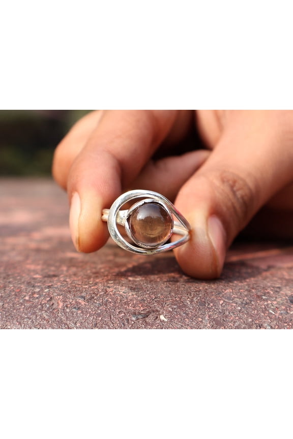 Natural Smoky Quartz Ring Round Gemstone Solid 925 Sterling Silver Perfect Gift For Her