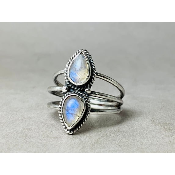 Heaven Crafts Pear Shape Two Moonstone Ring For Women 925 Sterling Silver Handmade Unique Design Birthday Gift For Her