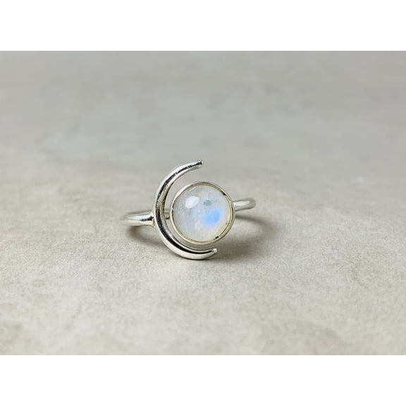 Heaven Crafts Rainbow Moonstone Ring 925 Sterling Silver Moon Shape Ring Boho Stackable Gift For Her