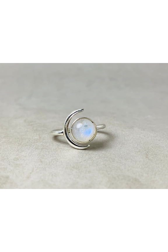 Rainbow Moonstone Ring 925 Sterling Silver Moon Shape Ring Boho Stackable Gift For Her