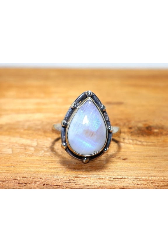 Rainbow Moonstone Ring Pear Shape Gemstone Solid 925 Sterling Silver Statement Jewelry Promise Gift For Her