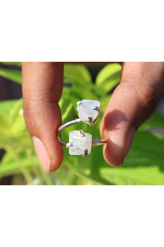 Raw Rainbow Moonstone Ring Solid 925 Sterling Silver Bohemian Jewelry Gift for Her