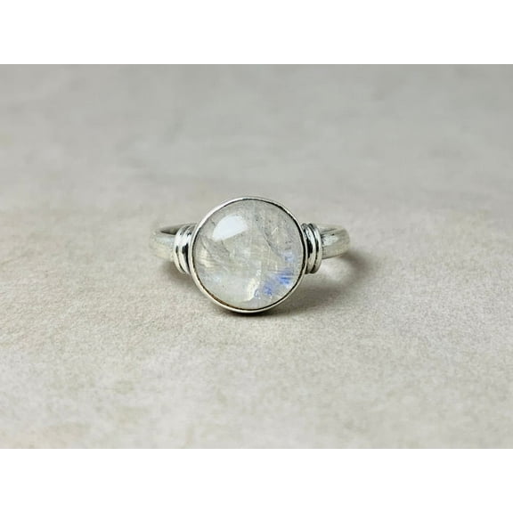 Heaven Crafts Round Rainbow Moonstone Ring 925 Sterling Silver Handmade Dainty Gemstone Gift For Her
