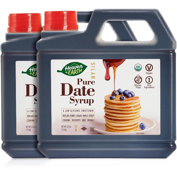 Heaven & Earth 100% Organic Date Syrup, Silan, 52.8oz (2 Pack = 6.6lb) | Just 1 Ingredient | All Natural Honey Alternative | Low Glycemic Index | Great Sugar Replacement
