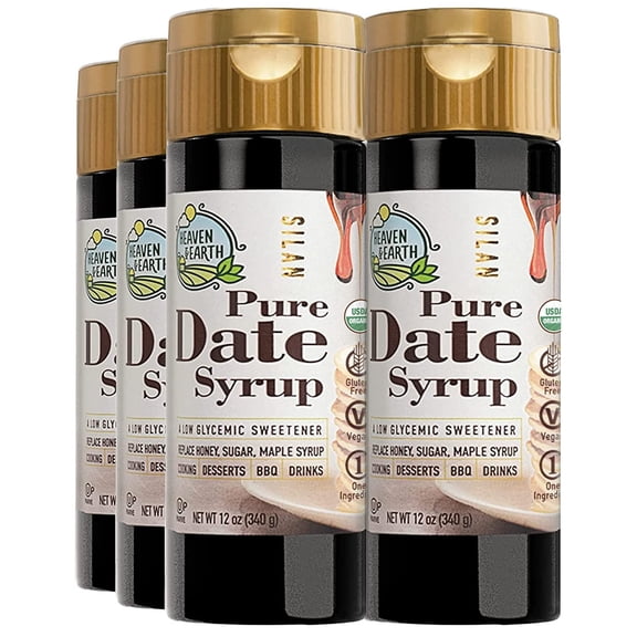 Heaven & Earth 100% Pure Organic Date Syrup, Silan, 12oz 6 Pack  All Natural Honey Alternative  Low Glycemic Index  Great Sugar Replacement  Organic Date Honey  Kosher - Including Passover