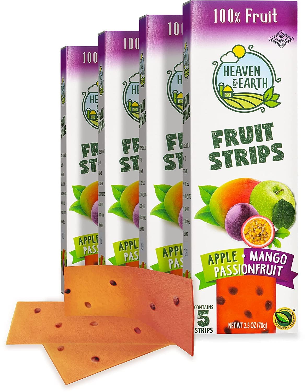 Heaven & Earth Apple, Mango, and Passion Fruit Fruit Strips, 2.5oz 4 Pack = 40 Strips, 100% Real Fruit  No added Sugars  Natural Colors & Flavors  Gluten Free  Vegan Friendly