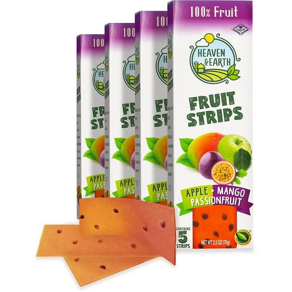 Heaven & Earth Apple, Mango, and Passion Fruit Fruit Strips, 2.5oz 4 Pack = 40 Strips, 100% Real Fruit  No added Sugars  Natural Colors & Flavors  Gluten Free  Vegan Friendly