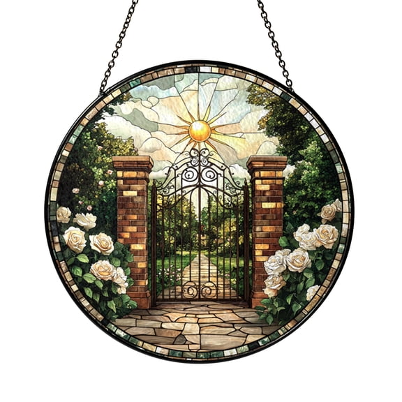 Heaven Gate Stained Glass Style Round Suncatcher, Spiritual Window Hanging Home Decor