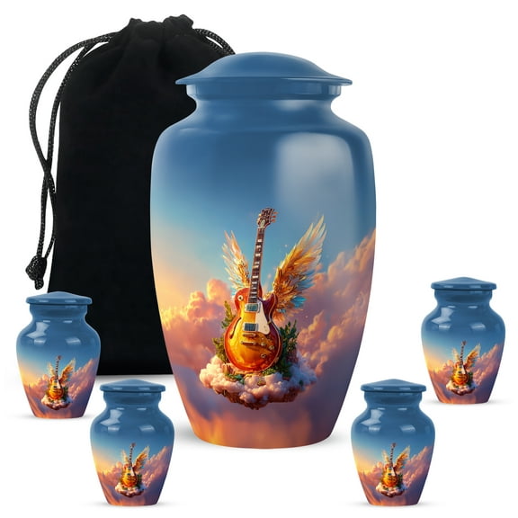 Heaven Guitar Urns, Large Cremation Urn For Human Ashes Adult Male, Keepsake Angel Wings Music Themed Funeral Urns For Ashes, Decorative Memorial Tribute Urn, Size 10 Inch 1pcs & 3 Inch 4 Pcs