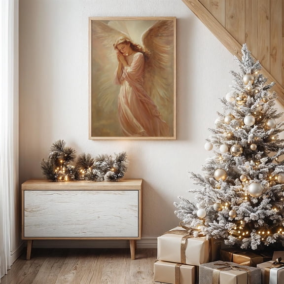 Heavenly Angel In Prayer Golden Light Painting, Poster, Art Print, Vintage Poster, Interior Print, Statement Art, Unfreamed 8x10