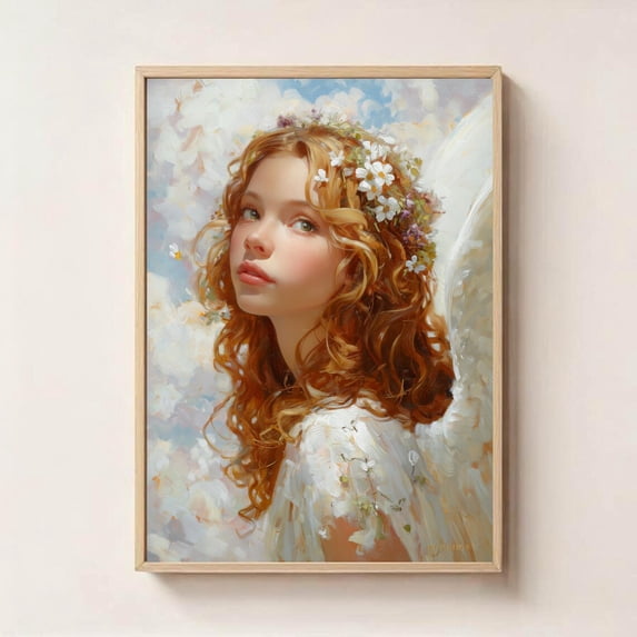 Heavenly Angel Portrait Floral Crown Ethereal Guardian Angel, Stretched Canvas 16x20in