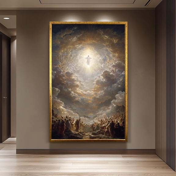 Heavenly Ascension Of Jesus Christ Radiant Divine Light Angels In Clouds Worshippers Witnessing Glory Rising Print Unframed Paper Print