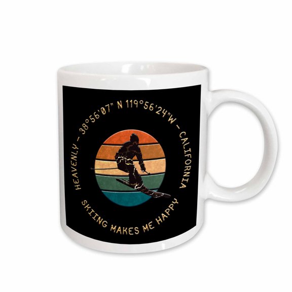 3drose, Heavenly, California. Image of a Man Skier. Gold Text on Black Gift, 15oz Mug
