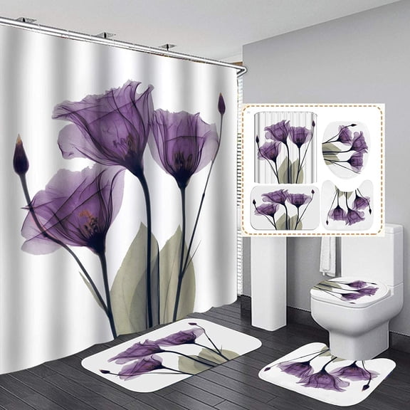 Heavenly Designs Watson Bathroom Accessories - 80 inches L x 80 inches W - Purple Flower Shower Curtain Set